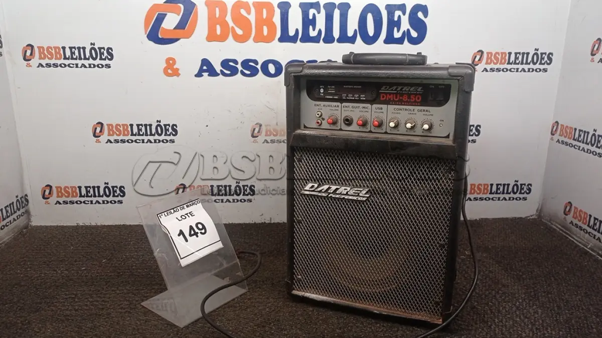 LOTE 149 - 01 CAIXA DE SOM AMPLIFICADORA MODELO DMU-8.50 MARCA DATREL. (NO ESTADO) ATENÇÃO! FAZER A VISITAÇÃO ANTES DE ARREMATAR, NÃO SABEMOS SE FUNCIONA, LEILÃO NÃO TEM GARANTIA E NEM DEVOLUÇÃO, SUJEITO A POSSÍVEIS AVARIAS VISÍVEIS/OCULTAS E/OU AUSÊNCIA DE COMPONENTES.