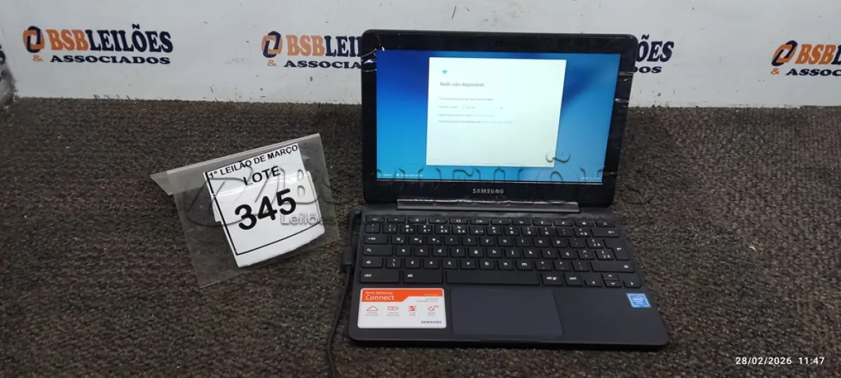 LOTE 345 - 01 NOTEBOOK 2GB DE MEMÓRIA, 16GB E.MMC TELA 11.6’’ LINHA CONNECT MARCA SAMSUNG SEM FONTE. (NO ESTADO) ATENÇÃO! FAZER A VISITAÇÃO ANTES DE ARREMATAR, NÃO SABEMOS SE FUNCIONA, LEILÃO NÃO TEM GARANTIA E NEM DEVOLUÇÃO, SUJEITO A POSSÍVEIS AVARIAS VISÍVEIS/OCULTAS E/OU AUSÊNCIA DE COMPONENTES.