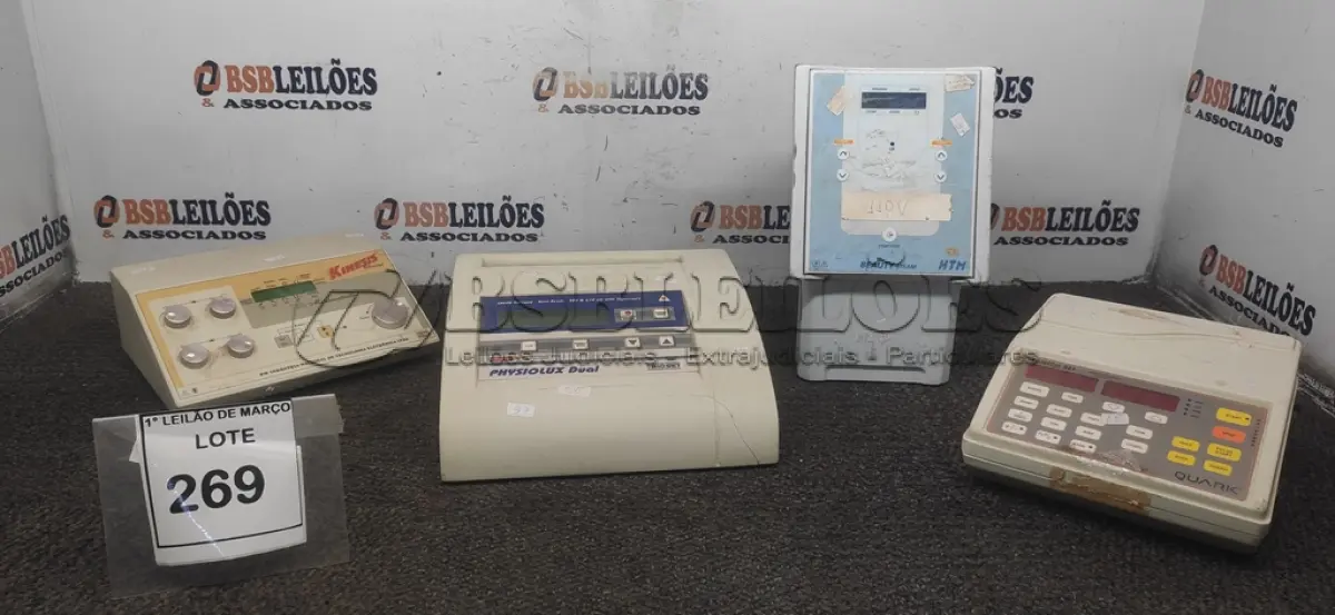 LOTE 269 - 04 APARELHOS DE TERAPIA ESTÉTICA DE MARCAS E MODELOS DIVERSOS. (NO ESTADO) ATENÇÃO! FAZER A VISITAÇÃO ANTES DE ARREMATAR, NÃO SABEMOS SE FUNCIONA, LEILÃO NÃO TEM GARANTIA E NEM DEVOLUÇÃO, SUJEITO A POSSÍVEIS AVARIAS VISÍVEIS/OCULTAS E/OU AUSÊNCIA DE COMPONENTES.