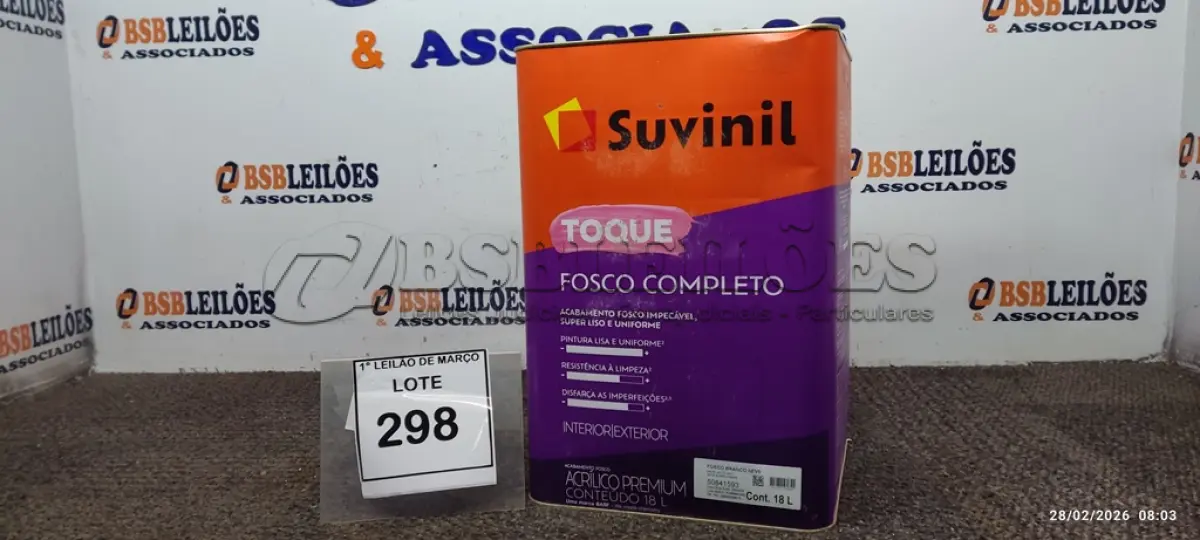 LOTE 298 - 01 BALDE DE TINTA ACRÍLICA DE 18L ACABAMENTO FOSCO BRANCO NEVE MARCA SUVINIL. (NO ESTADO) ATENÇÃO! FAZER A VISITAÇÃO ANTES DE ARREMATAR, NÃO SABEMOS SE FUNCIONA. LEILÃO NÃO TEM GARANTIA E NEM DEVOLUÇÃO, SUJEITO A POSSÍVEIS AVARIAS VISÍVEIS/OCULTAS E/OU AUSÊNCIA DE COMPONENTES.