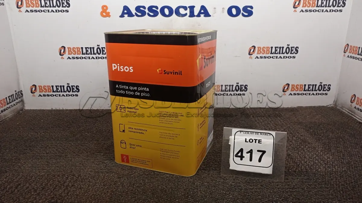 LOTE 417 - 01 LATA DE TINTA PISOS EXTERIOR/INTERIOR 18L NA COR FOSCO CINZA ESCURO MARCA SUVINIL. (NO ESTADO) ATENÇÃO! FAZER A VISITAÇÃO ANTES DE ARREMATAR, NÃO SABEMOS SE FUNCIONA, LEILÃO NÃO TEM GARANTIA E NEM DEVOLUÇÃO, SUJEITO A POSSÍVEIS AVARIAS VISÍVEIS/OCULTAS E/OU AUSÊNCIA DE COMPONENTES.