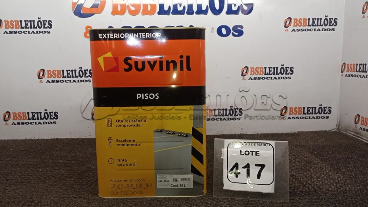 LOTE 417 - 01 LATA DE TINTA PISOS EXTERIOR/INTERIOR 18L NA COR FOSCO CINZA ESCURO MARCA SUVINIL. (NO ESTADO) ATENÇÃO! FAZER A VISITAÇÃO ANTES DE ARREMATAR, NÃO SABEMOS SE FUNCIONA, LEILÃO NÃO TEM GARANTIA E NEM DEVOLUÇÃO, SUJEITO A POSSÍVEIS AVARIAS VISÍVEIS/OCULTAS E/OU AUSÊNCIA DE COMPONENTES.