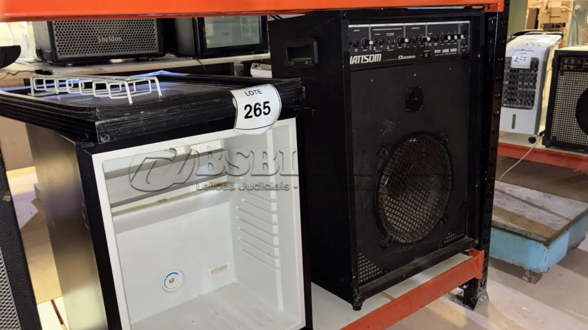 LOTE 265 - 01 CAIXA DE SOM AMPLIFICADA MARCA CICLOTRON E 01 FRIGOBAR COM AVARIAS. (NO ESTADO) ATENÇÃO! FAZER A VISITAÇÃO ANTES DE ARREMATAR, NÃO SABEMOS SE FUNCIONA, LEILÃO NÃO TEM GARANTIA E NEM DEVOLUÇÃO, SUJEITO A POSSÍVEIS AVARIAS VISÍVEIS/OCULTAS E/OU AUSÊNCIA DE COMPONENTES.