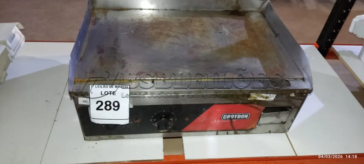 LOTE 289 - 01 CHAPA DE ALIMENTOS 220V MODELO CE06-20669-G MARCA CROYDON. (NO ESTADO) ATENÇÃO! FAZER A VISITAÇÃO ANTES DE ARREMATAR, NÃO SABEMOS SE FUNCIONA, LEILÃO NÃO TEM GARANTIA E NEM DEVOLUÇÃO, SUJEITO A POSSÍVEIS AVARIAS VISÍVEIS/OCULTAS E/OU AUSÊNCIA DE COMPONENTES.