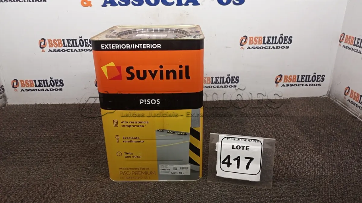 LOTE 417 - 01 LATA DE TINTA PISOS EXTERIOR/INTERIOR 18L NA COR FOSCO CINZA ESCURO MARCA SUVINIL. (NO ESTADO) ATENÇÃO! FAZER A VISITAÇÃO ANTES DE ARREMATAR, NÃO SABEMOS SE FUNCIONA, LEILÃO NÃO TEM GARANTIA E NEM DEVOLUÇÃO, SUJEITO A POSSÍVEIS AVARIAS VISÍVEIS/OCULTAS E/OU AUSÊNCIA DE COMPONENTES.