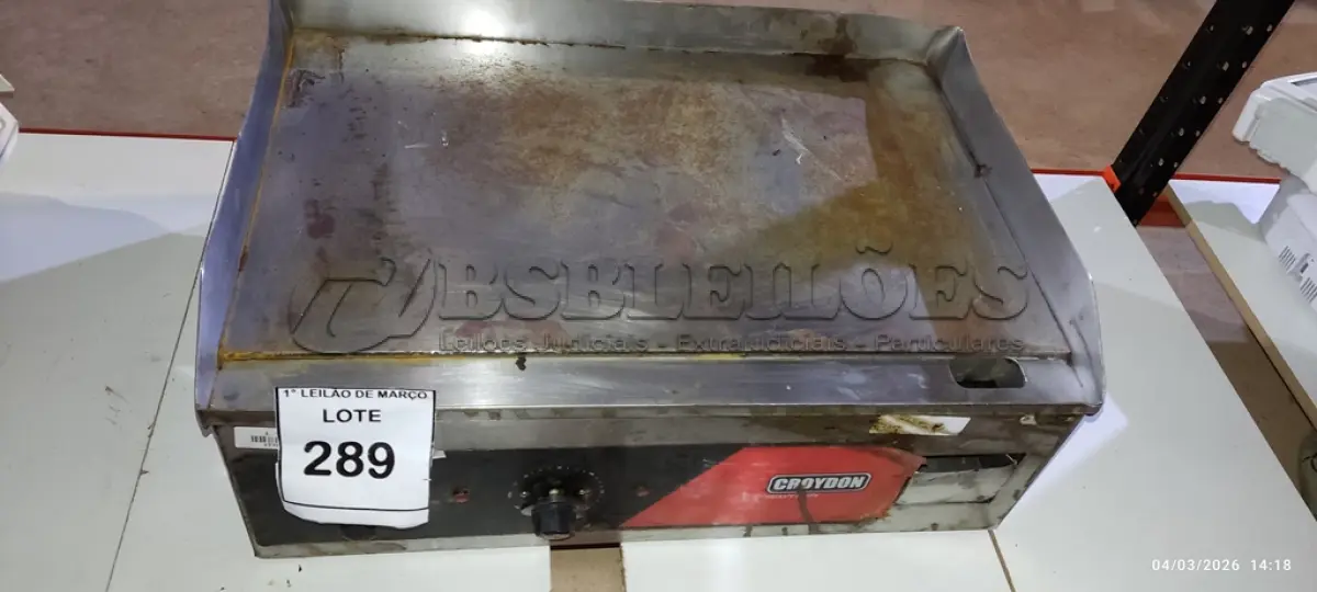LOTE 289 - 01 CHAPA DE ALIMENTOS 220V MODELO CE06-20669-G MARCA CROYDON. (NO ESTADO) ATENÇÃO! FAZER A VISITAÇÃO ANTES DE ARREMATAR, NÃO SABEMOS SE FUNCIONA, LEILÃO NÃO TEM GARANTIA E NEM DEVOLUÇÃO, SUJEITO A POSSÍVEIS AVARIAS VISÍVEIS/OCULTAS E/OU AUSÊNCIA DE COMPONENTES.