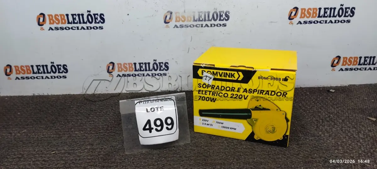 LOTE 499 - 01 SOPRADOR E ASPIRADOR ELÉTRICO 220V 700W. (NO ESTADO) ATENÇÃO! FAZER A VISITAÇÃO ANTES DE ARREMATAR, NÃO SABEMOS SE FUNCIONA, LEILÃO NÃO TEM GARANTIA E NEM DEVOLUÇÃO, SUJEITO A POSSÍVEIS AVARIAS VISÍVEIS/OCULTAS E/OU AUSÊNCIA DE COMPONENTES.
