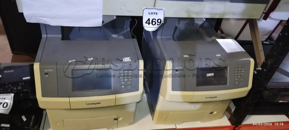 LOTE 469 - 02 IMPRESSORAS MODELO X748DE MARCA LEXMARK. (NO ESTADO) ATENÇÃO! FAZER A VISITAÇÃO ANTES DE ARREMATAR, NÃO SABEMOS SE FUNCIONA, LEILÃO NÃO TEM GARANTIA E NEM DEVOLUÇÃO, SUJEITO A POSSÍVEIS AVARIAS VISÍVEIS/OCULTAS E/OU AUSÊNCIA DE COMPONENTES.