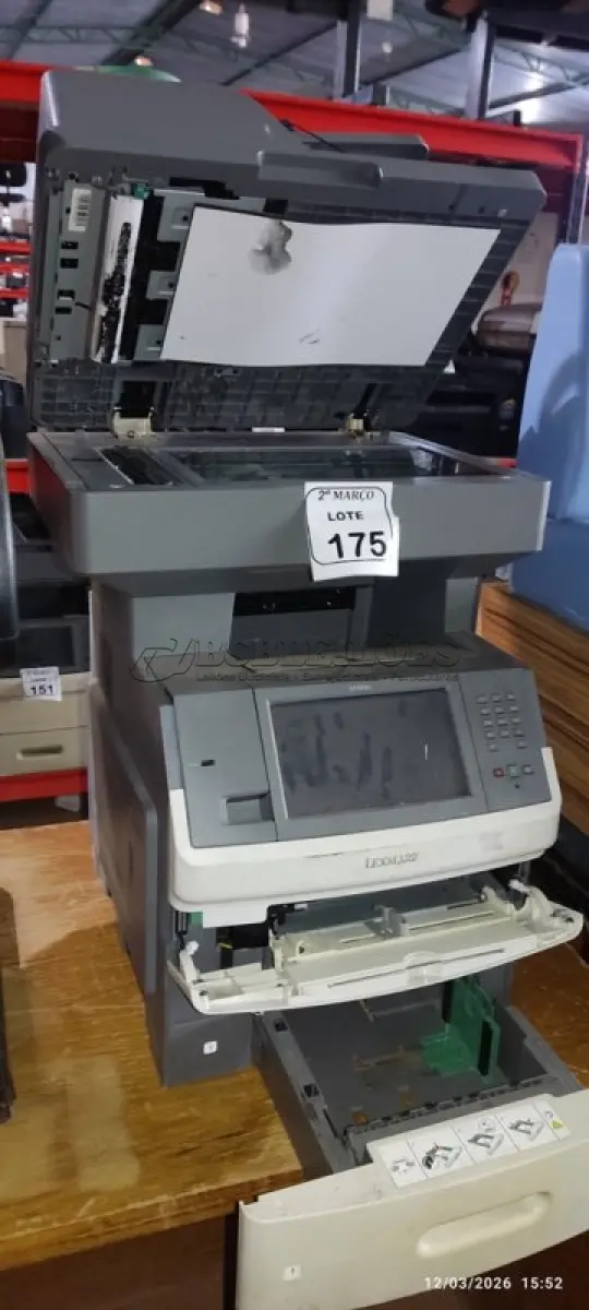 LOTE 175 - 01 IMPRESSORA MODELO X656DE MARCA LEXMARK. (NO ESTADO) ATENÇÃO! FAZER A VISITAÇÃO ANTES DE ARREMATAR, NÃO SABEMOS SE FUNCIONA, LEILÃO NÃO TEM GARANTIA E NEM DEVOLUÇÃO, SUJEITO A POSSÍVEIS AVARIAS VISÍVEIS/OCULTAS E/OU AUSÊNCIA DE COMPONENTES.