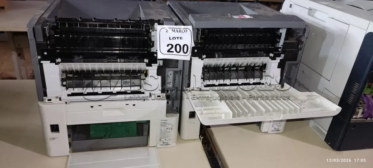LOTE 200 - 02 IMPRESSORAS MODELO T652DN MARCA LEXMARK. (NO ESTADO) ATENÇÃO! FAZER A VISITAÇÃO ANTES DE ARREMATAR, NÃO SABEMOS SE FUNCIONA, LEILÃO NÃO TEM GARANTIA E NEM DEVOLUÇÃO, SUJEITO A POSSÍVEIS AVARIAS VISÍVEIS/OCULTAS E/OU AUSÊNCIA DE COMPONENTES.