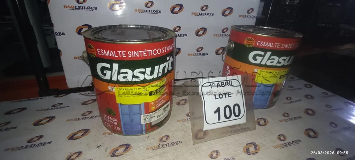 LOTE 100 - 02 LATAS DE TINTA ESMALTE SINTÉTICO STANDARD DE 3,6L NA COR BRILHANTE AZUL REAL MARCA GLASURIT. (NO ESTADO) ATENÇÃO! FAZER A VISITAÇÃO ANTES DE ARREMATAR, NÃO SABEMOS SE FUNCIONA, LEILÃO NÃO TEM GARANTIA E NEM DEVOLUÇÃO, SUJEITO A POSSÍVEIS AVARIAS VISÍVEIS/OCULTAS E/OU AUSÊNCIA DE COMPONENTES.