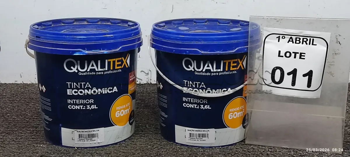 LOTE 011 - 02 BALDES DE TINTA PARA INTERIORES ANTIMOFO DE 3,6L NA COR AMARELO SOL MARCA QUALITEX. (NO ESTADO) ATENÇÃO! FAZER A VISITAÇÃO ANTES DE ARREMATAR, NÃO SABEMOS SE FUNCIONA, LEILÃO NÃO TEM GARANTIA E NEM DEVOLUÇÃO, SUJEITO A POSSÍVEIS AVARIAS VISÍVEIS/OCULTAS E/OU AUSÊNCIA DE COMPONENTES.
