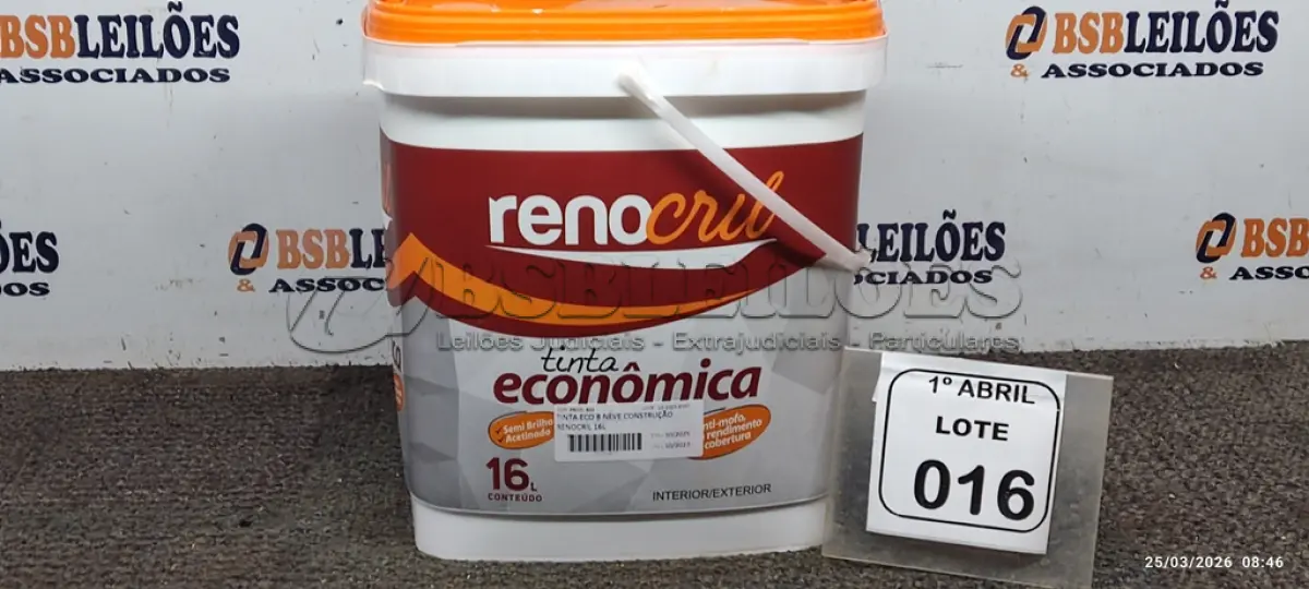 LOTE 016 - 01 BALDE DE TINTA ECONÔMICA SEMIBRILHO PARA INTERIORES E EXTERIORES DE 16L NA COR BRANCO NEVE MARCA RENOCRIL. (NO ESTADO) ATENÇÃO! FAZER A VISITAÇÃO ANTES DE ARREMATAR, NÃO SABEMOS SE FUNCIONA, LEILÃO NÃO TEM GARANTIA E NEM DEVOLUÇÃO, SUJEITO A POSSÍVEIS AVARIAS VISÍVEIS/OCULTAS E/OU AUSÊNCIA DE COMPONENTES.