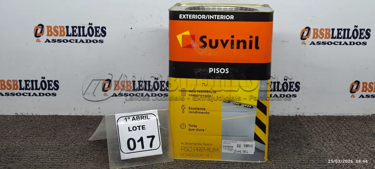 LOTE 017 - 01 LATA DE TINTA PARA PISOS DE 18L NA COR FOSCO CINZA ESCURO MARCA SUVINIL. (NO ESTADO) ATENÇÃO! FAZER A VISITAÇÃO ANTES DE ARREMATAR, NÃO SABEMOS SE FUNCIONA, LEILÃO NÃO TEM GARANTIA E NEM DEVOLUÇÃO, SUJEITO A POSSÍVEIS AVARIAS VISÍVEIS/OCULTAS E/OU AUSÊNCIA DE COMPONENTES.