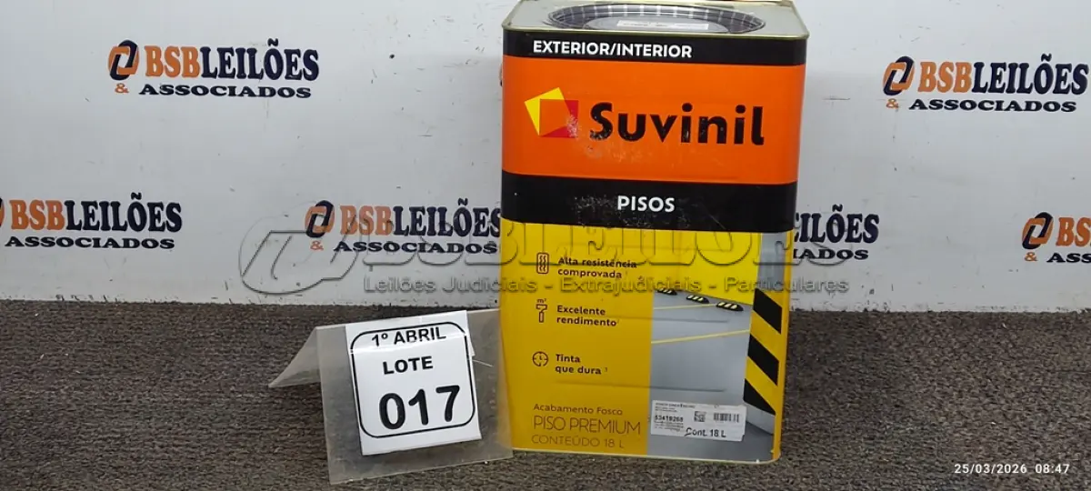 LOTE 017 - 01 LATA DE TINTA PARA PISOS DE 18L NA COR FOSCO CINZA ESCURO MARCA SUVINIL. (NO ESTADO) ATENÇÃO! FAZER A VISITAÇÃO ANTES DE ARREMATAR, NÃO SABEMOS SE FUNCIONA, LEILÃO NÃO TEM GARANTIA E NEM DEVOLUÇÃO, SUJEITO A POSSÍVEIS AVARIAS VISÍVEIS/OCULTAS E/OU AUSÊNCIA DE COMPONENTES.