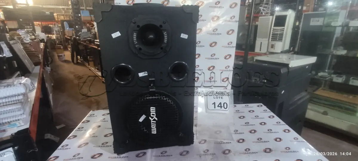 LOTE 140 - 01 CAIXA DE SOM AUTOFALANTE MARCA WATTSOM. (NO ESTADO) ATENÇÃO! FAZER A VISITAÇÃO ANTES DE ARREMATAR, NÃO SABEMOS SE FUNCIONA, LEILÃO NÃO TEM GARANTIA E NEM DEVOLUÇÃO, SUJEITO A POSSÍVEIS AVARIAS VISÍVEIS/OCULTAS E/OU AUSÊNCIA DE COMPONENTES.