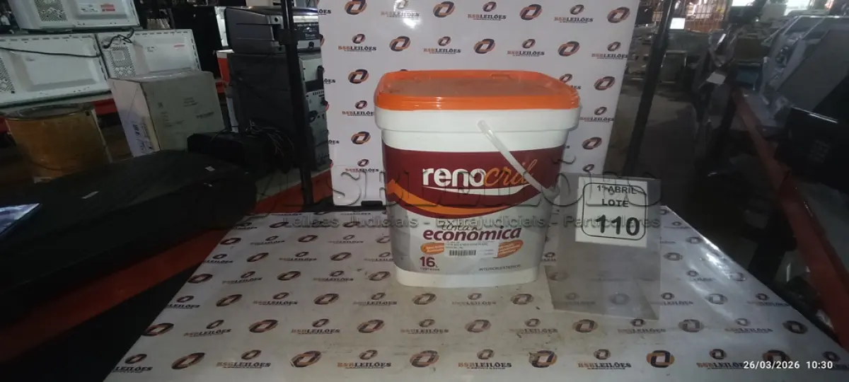 LOTE 110 - 01 BALDE DE TINTA ECONÔMICA SEMIBRILHO PARA INTERIORES E EXTERIORES DE 16L NA COR BRANCO NEVE MARCA RENOCRIL. (NO ESTADO) ATENÇÃO! FAZER A VISITAÇÃO ANTES DE ARREMATAR, NÃO SABEMOS SE FUNCIONA, LEILÃO NÃO TEM GARANTIA E NEM DEVOLUÇÃO, SUJEITO A POSSÍVEIS AVARIAS VISÍVEIS/OCULTAS E/OU AUSÊNCIA DE COMPONENTES.