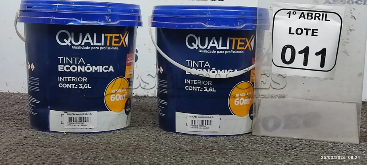 LOTE 011 - 02 BALDES DE TINTA PARA INTERIORES ANTIMOFO DE 3,6L NA COR AMARELO SOL MARCA QUALITEX. (NO ESTADO) ATENÇÃO! FAZER A VISITAÇÃO ANTES DE ARREMATAR, NÃO SABEMOS SE FUNCIONA, LEILÃO NÃO TEM GARANTIA E NEM DEVOLUÇÃO, SUJEITO A POSSÍVEIS AVARIAS VISÍVEIS/OCULTAS E/OU AUSÊNCIA DE COMPONENTES.