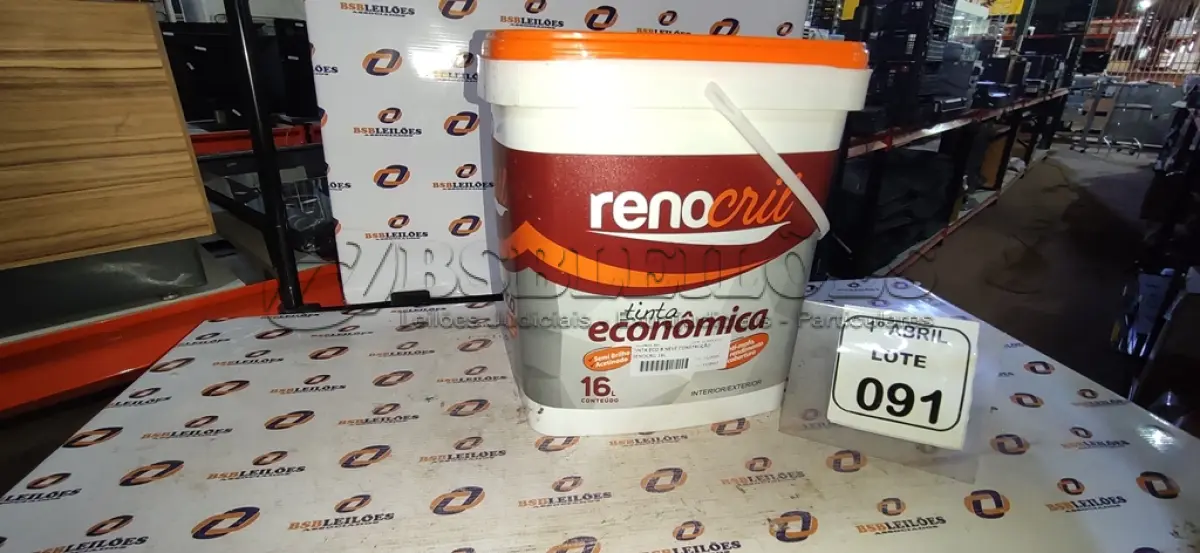 LOTE 091 - 01 BALDE DE TINTA ECONÔMICA SEMIBRILHO PARA INTERIORES E EXTERIORES DE 16L NA COR BRANCO NEVE MARCA RENOCRIL. (NO ESTADO) ATENÇÃO! FAZER A VISITAÇÃO ANTES DE ARREMATAR, NÃO SABEMOS SE FUNCIONA, LEILÃO NÃO TEM GARANTIA E NEM DEVOLUÇÃO, SUJEITO A POSSÍVEIS AVARIAS VISÍVEIS/OCULTAS E/OU AUSÊNCIA DE COMPONENTES.