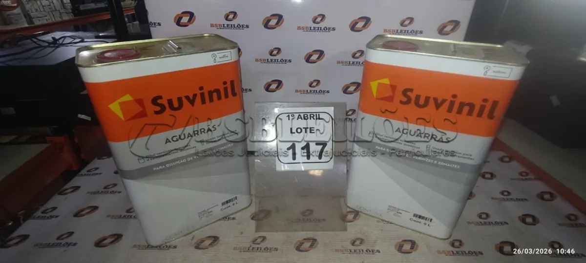 LOTE 117 - 02 LATAS DE AGUARRÁS DE 5L CADA MARCA SUVINIL. (NO ESTADO) ATENÇÃO! FAZER A VISITAÇÃO ANTES DE ARREMATAR, NÃO SABEMOS SE FUNCIONA, LEILÃO NÃO TEM GARANTIA E NEM DEVOLUÇÃO, SUJEITO A POSSÍVEIS AVARIAS VISÍVEIS/OCULTAS E/OU AUSÊNCIA DE COMPONENTES.
