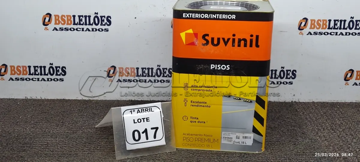 LOTE 017 - 01 LATA DE TINTA PARA PISOS DE 18L NA COR FOSCO CINZA ESCURO MARCA SUVINIL. (NO ESTADO) ATENÇÃO! FAZER A VISITAÇÃO ANTES DE ARREMATAR, NÃO SABEMOS SE FUNCIONA, LEILÃO NÃO TEM GARANTIA E NEM DEVOLUÇÃO, SUJEITO A POSSÍVEIS AVARIAS VISÍVEIS/OCULTAS E/OU AUSÊNCIA DE COMPONENTES.