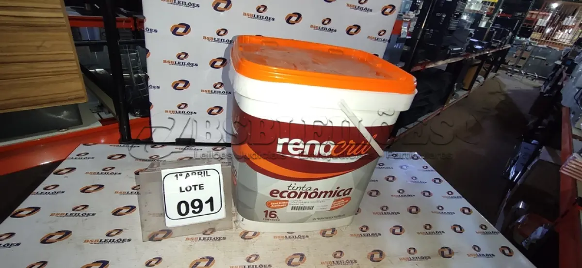 LOTE 091 - 01 BALDE DE TINTA ECONÔMICA SEMIBRILHO PARA INTERIORES E EXTERIORES DE 16L NA COR BRANCO NEVE MARCA RENOCRIL. (NO ESTADO) ATENÇÃO! FAZER A VISITAÇÃO ANTES DE ARREMATAR, NÃO SABEMOS SE FUNCIONA, LEILÃO NÃO TEM GARANTIA E NEM DEVOLUÇÃO, SUJEITO A POSSÍVEIS AVARIAS VISÍVEIS/OCULTAS E/OU AUSÊNCIA DE COMPONENTES.