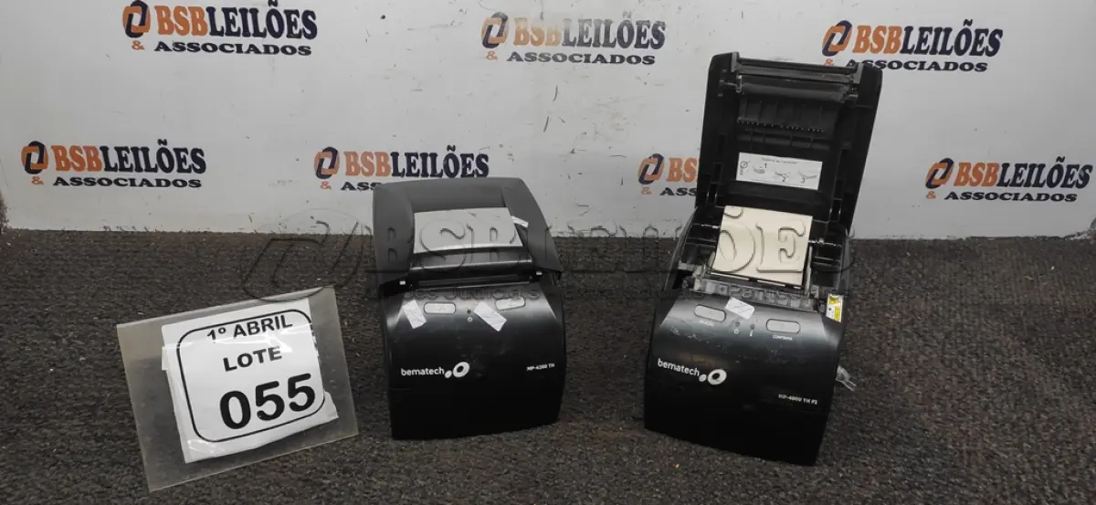LOTE 055 - 02 IMPRESSORAS DE CUPOM MARCA BEMATECH. (NO ESTADO) ATENÇÃO! FAZER A VISITAÇÃO ANTES DE ARREMATAR, NÃO SABEMOS SE FUNCIONA, LEILÃO NÃO TEM GARANTIA E NEM DEVOLUÇÃO, SUJEITO A POSSÍVEIS AVARIAS VISÍVEIS/OCULTAS E/OU AUSÊNCIA DE COMPONENTES.