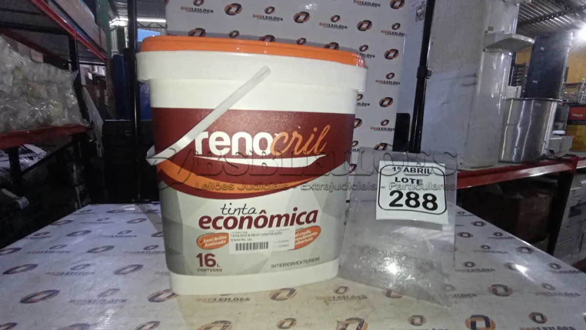 LOTE 288 - 01 BALDE DE TINTA ECONÔMICA SEMIBRILHO PARA INTERIORES E EXTERIORES DE 16L NA COR BRANCO NEVE MARCA RENOCRIL. (NO ESTADO) ATENÇÃO! FAZER A VISITAÇÃO ANTES DE ARREMATAR, NÃO SABEMOS SE FUNCIONA, LEILÃO NÃO TEM GARANTIA E NEM DEVOLUÇÃO, SUJEITO A POSSÍVEIS AVARIAS VISÍVEIS/OCULTAS E/OU AUSÊNCIA DE COMPONENTES.