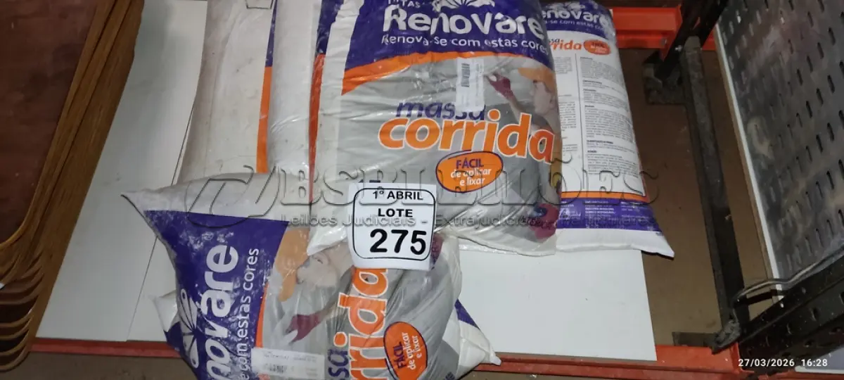 LOTE 275 - 05 PACOTES DE MASSA CORRIDA DE 15KG CADA MARCA RENOVARE. (NO ESTADO) ATENÇÃO! FAZER A VISITAÇÃO ANTES DE ARREMATAR, NÃO SABEMOS SE FUNCIONA, LEILÃO NÃO TEM GARANTIA E NEM DEVOLUÇÃO, SUJEITO A POSSÍVEIS AVARIAS VISÍVEIS/OCULTAS E/OU AUSÊNCIA DE COMPONENTES.