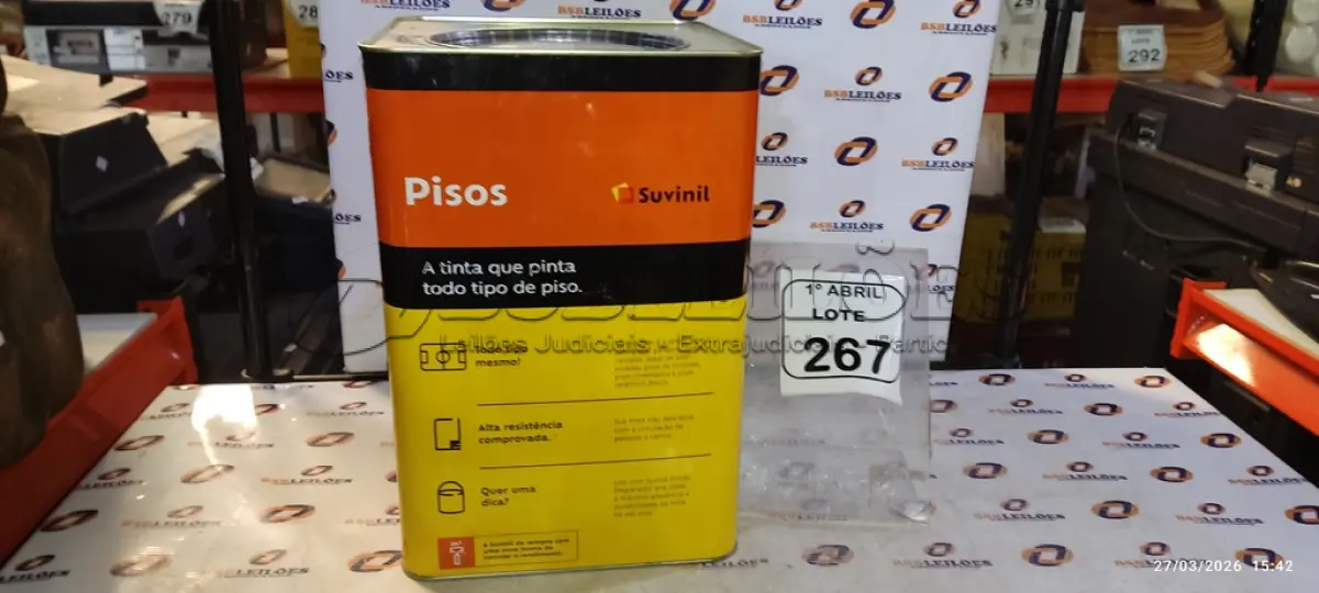 LOTE 267 - 01 LATA DE TINTA PARA PISOS DE 18L NA COR FOSCO CINZA ESCURO MARCA SUVINIL. (NO ESTADO) ATENÇÃO! FAZER A VISITAÇÃO ANTES DE ARREMATAR, NÃO SABEMOS SE FUNCIONA, LEILÃO NÃO TEM GARANTIA E NEM DEVOLUÇÃO, SUJEITO A POSSÍVEIS AVARIAS VISÍVEIS/OCULTAS E/OU AUSÊNCIA DE COMPONENTES.