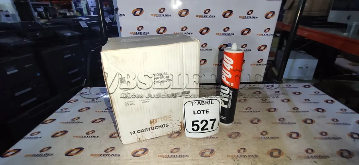 LOTE 527 - 01 CAIXA COM 12 PU 40 ADESIVO/SELANTES DE 230ML MARCA PRO. (NO ESTADO) ATENÇÃO! FAZER A VISITAÇÃO ANTES DE ARREMATAR, NÃO SABEMOS SE FUNCIONA, LEILÃO NÃO TEM GARANTIA E NEM DEVOLUÇÃO, SUJEITO A POSSÍVEIS AVARIAS VISÍVEIS/OCULTAS E/OU AUSÊNCIA DE COMPONENTES.