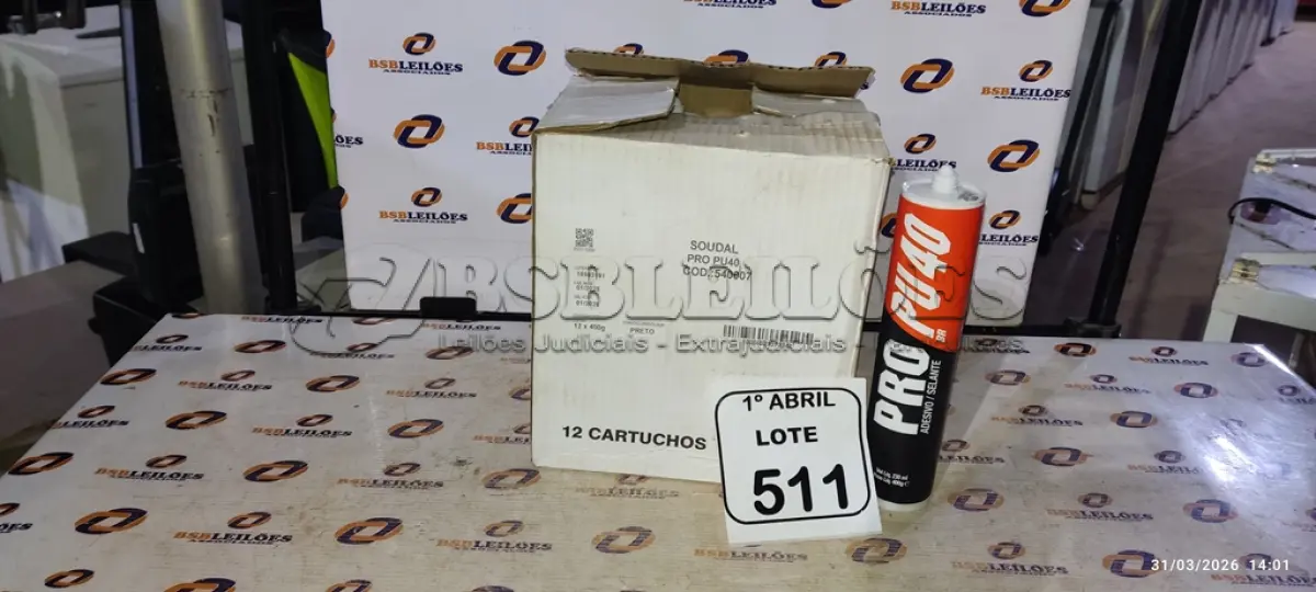 LOTE 511 - 01 CAIXA COM 12 PU 40 ADESIVO/SELANTES DE 230ML MARCA PRO. (NO ESTADO) ATENÇÃO! FAZER A VISITAÇÃO ANTES DE ARREMATAR, NÃO SABEMOS SE FUNCIONA, LEILÃO NÃO TEM GARANTIA E NEM DEVOLUÇÃO, SUJEITO A POSSÍVEIS AVARIAS VISÍVEIS/OCULTAS E/OU AUSÊNCIA DE COMPONENTES.