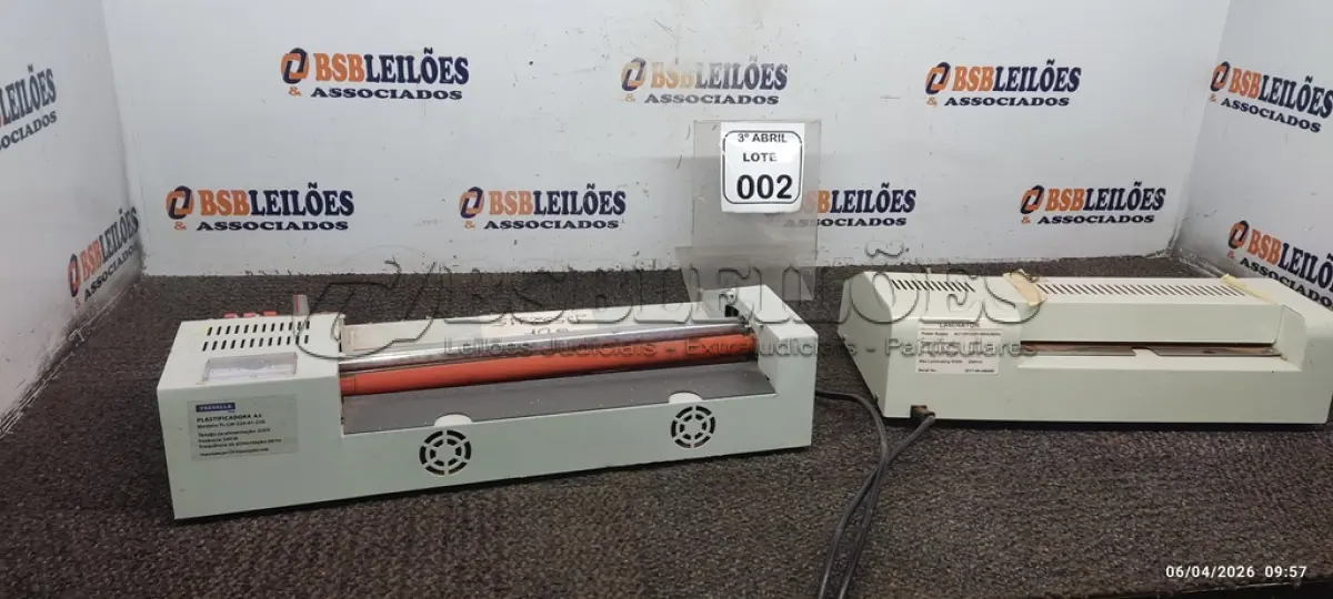 LOTE 002 - 02 LAMINADORAS DE MARCAS E MODELOS DIVERSOS. (NO ESTADO) ATENÇÃO! FAZER A VISITAÇÃO ANTES DE ARREMATAR, NÃO SABEMOS SE FUNCIONA, LEILÃO NÃO TEM GARANTIA E NEM DEVOLUÇÃO, SUJEITO A POSSÍVEIS AVARIAS VISÍVEIS/OCULTAS E/OU AUSÊNCIA DE COMPONENTES.