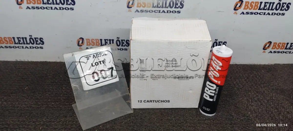 LOTE 007 - 01 CAIXA COM 12 PU 40 ADESIVOS/SELANTES DE 230ML MARCA PRO. (NO ESTADO) ATENÇÃO! FAZER A VISITAÇÃO ANTES DE ARREMATAR, NÃO SABEMOS SE FUNCIONA, LEILÃO NÃO TEM GARANTIA E NEM DEVOLUÇÃO, SUJEITO A POSSÍVEIS AVARIAS VISÍVEIS/OCULTAS E/OU AUSÊNCIA DE COMPONENTES.
