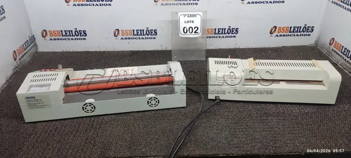 LOTE 002 - 02 LAMINADORAS DE MARCAS E MODELOS DIVERSOS. (NO ESTADO) ATENÇÃO! FAZER A VISITAÇÃO ANTES DE ARREMATAR, NÃO SABEMOS SE FUNCIONA, LEILÃO NÃO TEM GARANTIA E NEM DEVOLUÇÃO, SUJEITO A POSSÍVEIS AVARIAS VISÍVEIS/OCULTAS E/OU AUSÊNCIA DE COMPONENTES.