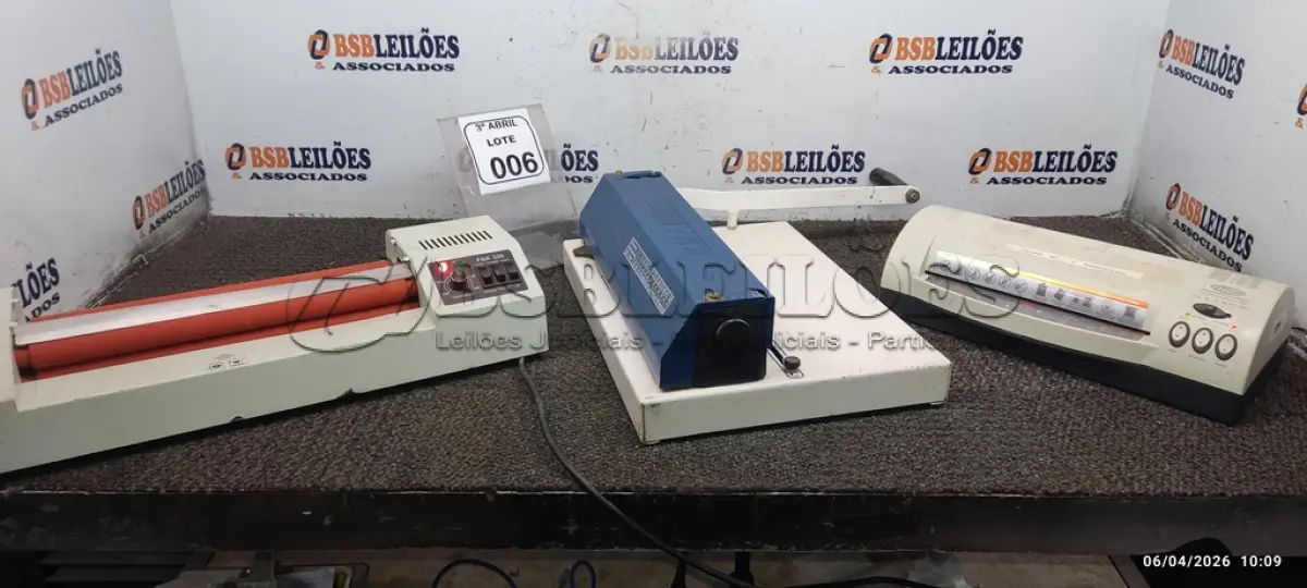 LOTE 006 - 02 LAMINADORAS DE MARCAS E MODELOS DIVERSOS. (NO ESTADO) ATENÇÃO! FAZER A VISITAÇÃO ANTES DE ARREMATAR, NÃO SABEMOS SE FUNCIONA, LEILÃO NÃO TEM GARANTIA E NEM DEVOLUÇÃO, SUJEITO A POSSÍVEIS AVARIAS VISÍVEIS/OCULTAS E/OU AUSÊNCIA DE COMPONENTES.