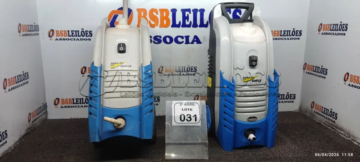 LOTE 031 - 02 LAVADORAS DE ALTA PRESSÃO MODELO HIDRO LAB 1700W 200V MARCA SCHULZ. (NO ESTADO) ATENÇÃO! FAZER A VISITAÇÃO ANTES DE ARREMATAR, NÃO SABEMOS SE FUNCIONA, LEILÃO NÃO TEM GARANTIA E NEM DEVOLUÇÃO, SUJEITO A POSSÍVEIS AVARIAS VISÍVEIS/OCULTAS E/OU AUSÊNCIA DE COMPONENTES.