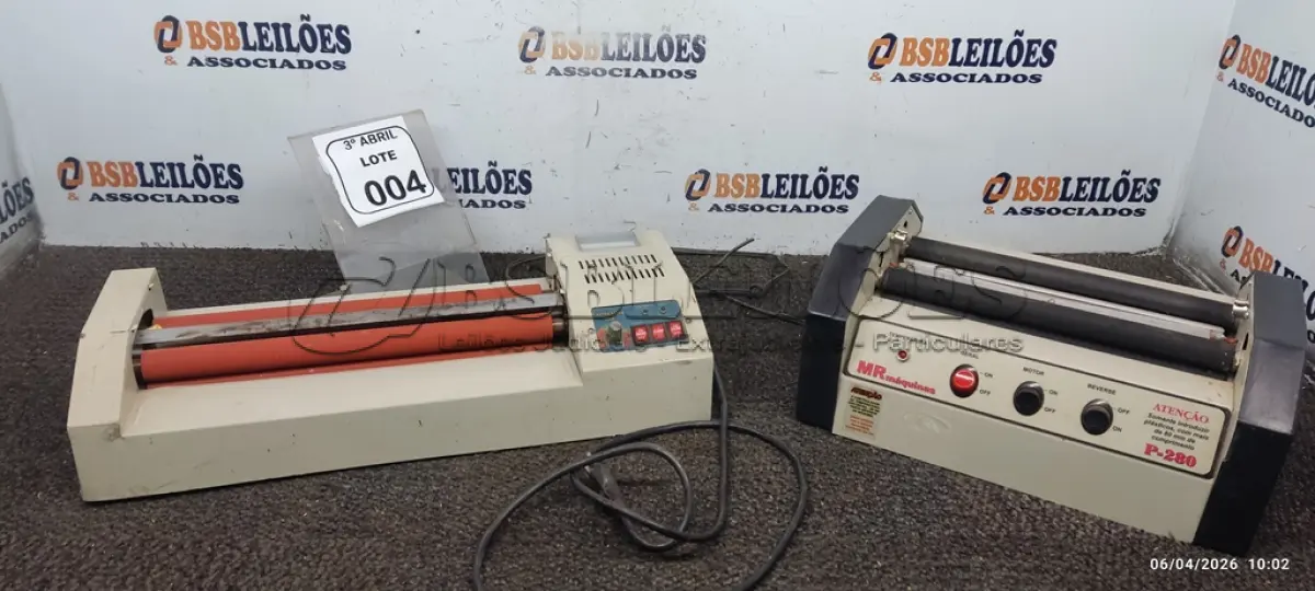 LOTE 004 - 02 LAMINADORAS DE MARCAS E MODELOS DIVERSOS. (NO ESTADO) ATENÇÃO! FAZER A VISITAÇÃO ANTES DE ARREMATAR, NÃO SABEMOS SE FUNCIONA, LEILÃO NÃO TEM GARANTIA E NEM DEVOLUÇÃO, SUJEITO A POSSÍVEIS AVARIAS VISÍVEIS/OCULTAS E/OU AUSÊNCIA DE COMPONENTES.