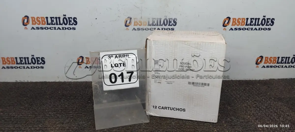 LOTE 017 - 01 CAIXA COM 12 PU 40 ADESIVOS/SELANTES DE 230ML MARCA PRO. (NO ESTADO) ATENÇÃO! FAZER A VISITAÇÃO ANTES DE ARREMATAR, NÃO SABEMOS SE FUNCIONA, LEILÃO NÃO TEM GARANTIA E NEM DEVOLUÇÃO, SUJEITO A POSSÍVEIS AVARIAS VISÍVEIS/OCULTAS E/OU AUSÊNCIA DE COMPONENTES.