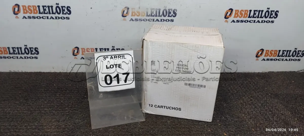 LOTE 017 - 01 CAIXA COM 12 PU 40 ADESIVOS/SELANTES DE 230ML MARCA PRO. (NO ESTADO) ATENÇÃO! FAZER A VISITAÇÃO ANTES DE ARREMATAR, NÃO SABEMOS SE FUNCIONA, LEILÃO NÃO TEM GARANTIA E NEM DEVOLUÇÃO, SUJEITO A POSSÍVEIS AVARIAS VISÍVEIS/OCULTAS E/OU AUSÊNCIA DE COMPONENTES.