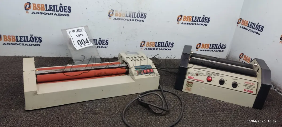 LOTE 004 - 02 LAMINADORAS DE MARCAS E MODELOS DIVERSOS. (NO ESTADO) ATENÇÃO! FAZER A VISITAÇÃO ANTES DE ARREMATAR, NÃO SABEMOS SE FUNCIONA, LEILÃO NÃO TEM GARANTIA E NEM DEVOLUÇÃO, SUJEITO A POSSÍVEIS AVARIAS VISÍVEIS/OCULTAS E/OU AUSÊNCIA DE COMPONENTES.