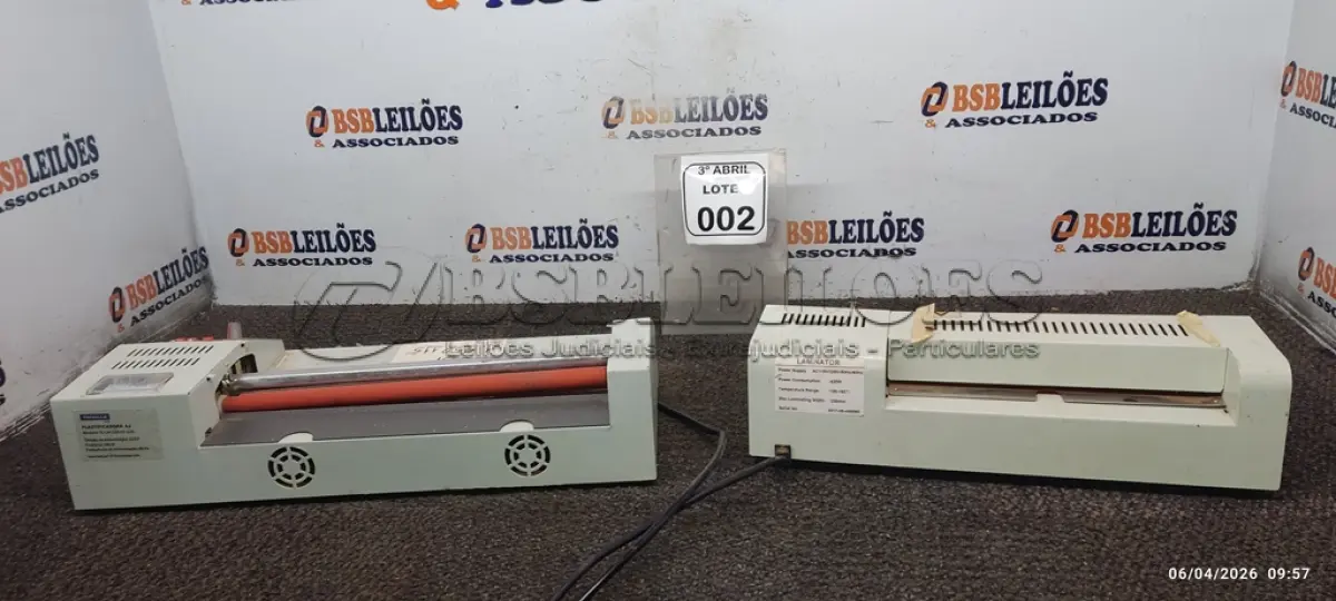 LOTE 002 - 02 LAMINADORAS DE MARCAS E MODELOS DIVERSOS. (NO ESTADO) ATENÇÃO! FAZER A VISITAÇÃO ANTES DE ARREMATAR, NÃO SABEMOS SE FUNCIONA, LEILÃO NÃO TEM GARANTIA E NEM DEVOLUÇÃO, SUJEITO A POSSÍVEIS AVARIAS VISÍVEIS/OCULTAS E/OU AUSÊNCIA DE COMPONENTES.