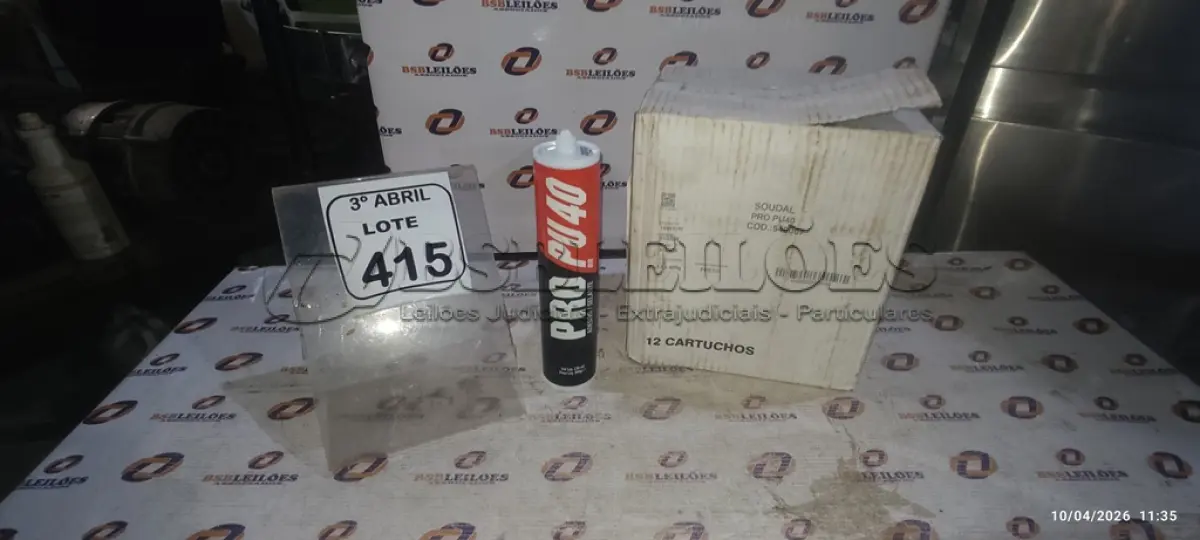 LOTE 415 - 01 CAIXA COM 12 PU 40 ADESIVO/SELANTES DE 230ML MARCA PRO. (NO ESTADO) ATENÇÃO! FAZER A VISITAÇÃO ANTES DE ARREMATAR, NÃO SABEMOS SE FUNCIONA, LEILÃO NÃO TEM GARANTIA E NEM DEVOLUÇÃO, SUJEITO A POSSÍVEIS AVARIAS VISÍVEIS/OCULTAS E/OU AUSÊNCIA DE COMPONENTES.