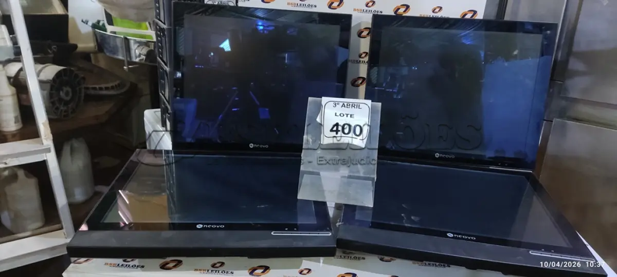 LOTE 400 - 04 MONITORES MARCA NEOVO. (NO ESTADO) ATENÇÃO! FAZER A VISITAÇÃO ANTES DE ARREMATAR, NÃO SABEMOS SE FUNCIONA, LEILÃO NÃO TEM GARANTIA E NEM DEVOLUÇÃO, SUJEITO A POSSÍVEIS AVARIAS VISÍVEIS/OCULTAS E/OU AUSÊNCIA DE COMPONENTES.