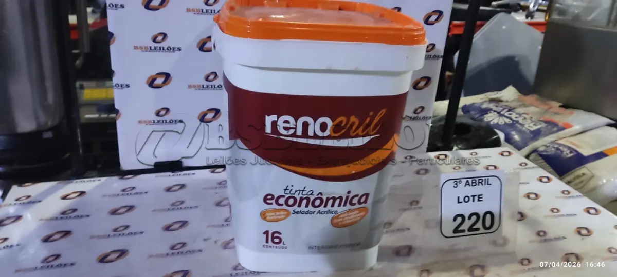 LOTE 220 - 01 BALDE DE TINTA 16L MARCA RENOCRIL. (NO ESTADO) ATENÇÃO! FAZER A VISITAÇÃO ANTES DE ARREMATAR, NÃO SABEMOS SE FUNCIONA, LEILÃO NÃO TEM GARANTIA E NEM DEVOLUÇÃO, SUJEITO A POSSÍVEIS AVARIAS VISÍVEIS/OCULTAS E/OU AUSÊNCIA DE COMPONENTES.