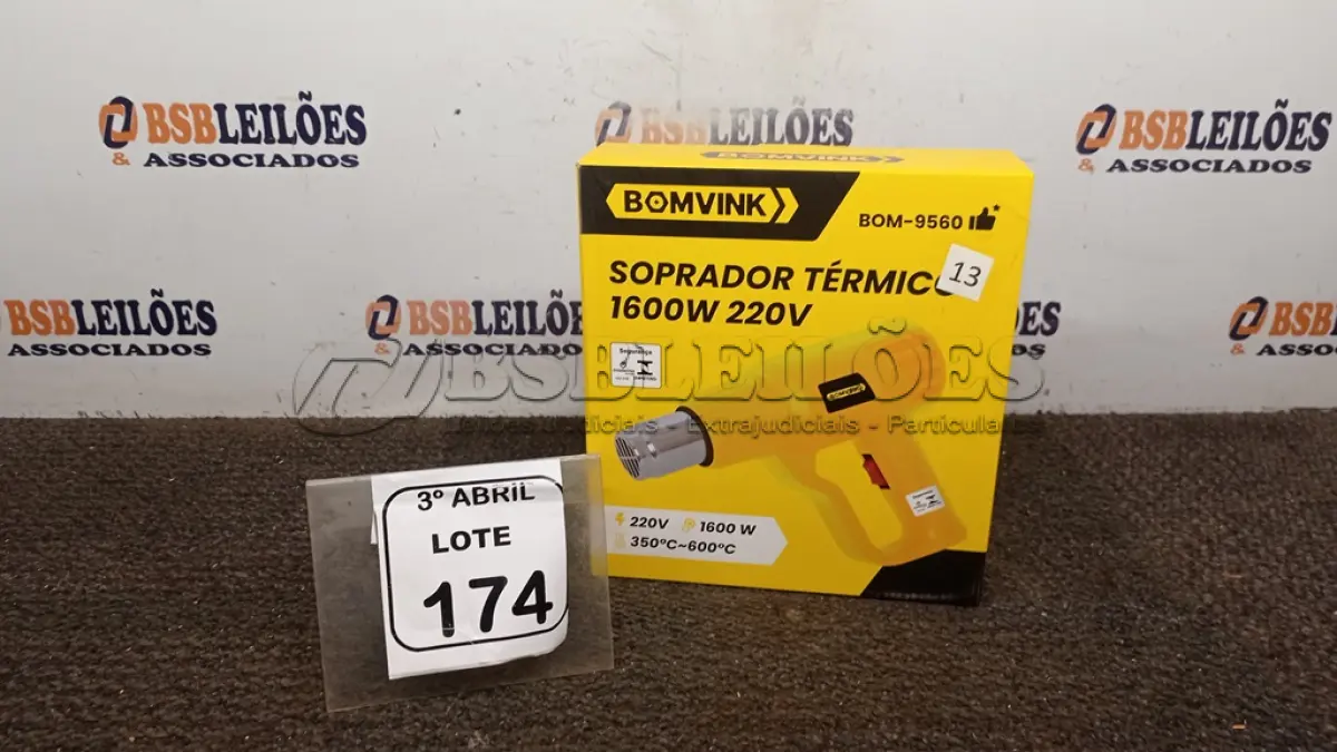 LOTE 174 - 01 SOPRADOR TÉRMICO 1600W 220V MODELO BOM-9560 MARCA BOMVINK. (NO ESTADO) ATENÇÃO! FAZER A VISITAÇÃO ANTES DE ARREMATAR, NÃO SABEMOS SE FUNCIONA, LEILÃO NÃO TEM GARANTIA E NEM DEVOLUÇÃO, SUJEITO A POSSÍVEIS AVARIAS VISÍVEIS/OCULTAS E/OU AUSÊNCIA DE COMPONENTES.