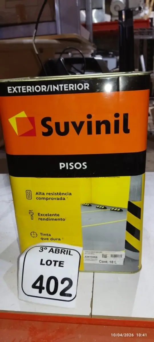LOTE 402 - 01 LATA DE TINTA PARA PISO EXTERIROR/INTERIOR 18L NA COR FOSCO CINZA ESCURO MARCA SUVINIL. (NO ESTADO) ATENÇÃO! FAZER A VISITAÇÃO ANTES DE ARREMATAR, NÃO SABEMOS SE FUNCIONA, LEILÃO NÃO TEM GARANTIA E NEM DEVOLUÇÃO, SUJEITO A POSSÍVEIS AVARIAS VISÍVEIS/OCULTAS E/OU AUSÊNCIA DE COMPONENTES.