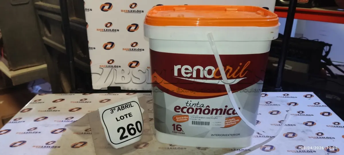 LOTE 260 - 01 BALDE DE TINTA 16L MARCA RENOCRIL. (NO ESTADO) ATENÇÃO! FAZER A VISITAÇÃO ANTES DE ARREMATAR, NÃO SABEMOS SE FUNCIONA, LEILÃO NÃO TEM GARANTIA E NEM DEVOLUÇÃO, SUJEITO A POSSÍVEIS AVARIAS VISÍVEIS/OCULTAS E/OU AUSÊNCIA DE COMPONENTES.