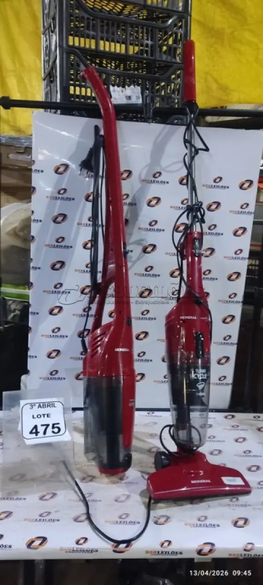 LOTE 475 - 02 ASPIRADORES DE PÓ 220V MARCA MONDIAL. (NO ESTADO) ATENÇÃO! FAZER A VISITAÇÃO ANTES DE ARREMATAR, NÃO SABEMOS SE FUNCIONA, LEILÃO NÃO TEM GARANTIA E NEM DEVOLUÇÃO, SUJEITO A POSSÍVEIS AVARIAS VISÍVEIS/OCULTAS E/OU AUSÊNCIA DE COMPONENTES.