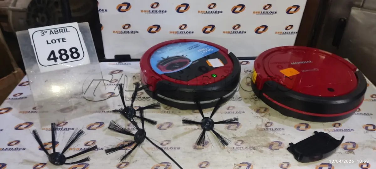 LOTE 488 - 02 ASPIRADORES DE PÓ ROBÔ MARCA MONDIAL. (NO ESTADO) ATENÇÃO! FAZER A VISITAÇÃO ANTES DE ARREMATAR, NÃO SABEMOS SE FUNCIONA, LEILÃO NÃO TEM GARANTIA E NEM DEVOLUÇÃO, SUJEITO A POSSÍVEIS AVARIAS VISÍVEIS/OCULTAS E/OU AUSÊNCIA DE COMPONENTES.